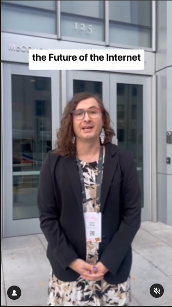 A screenshot of an Instagram video featuring Evan Greer. She is standing outside of a building. The text "the Future of the Internet" is overlaid.